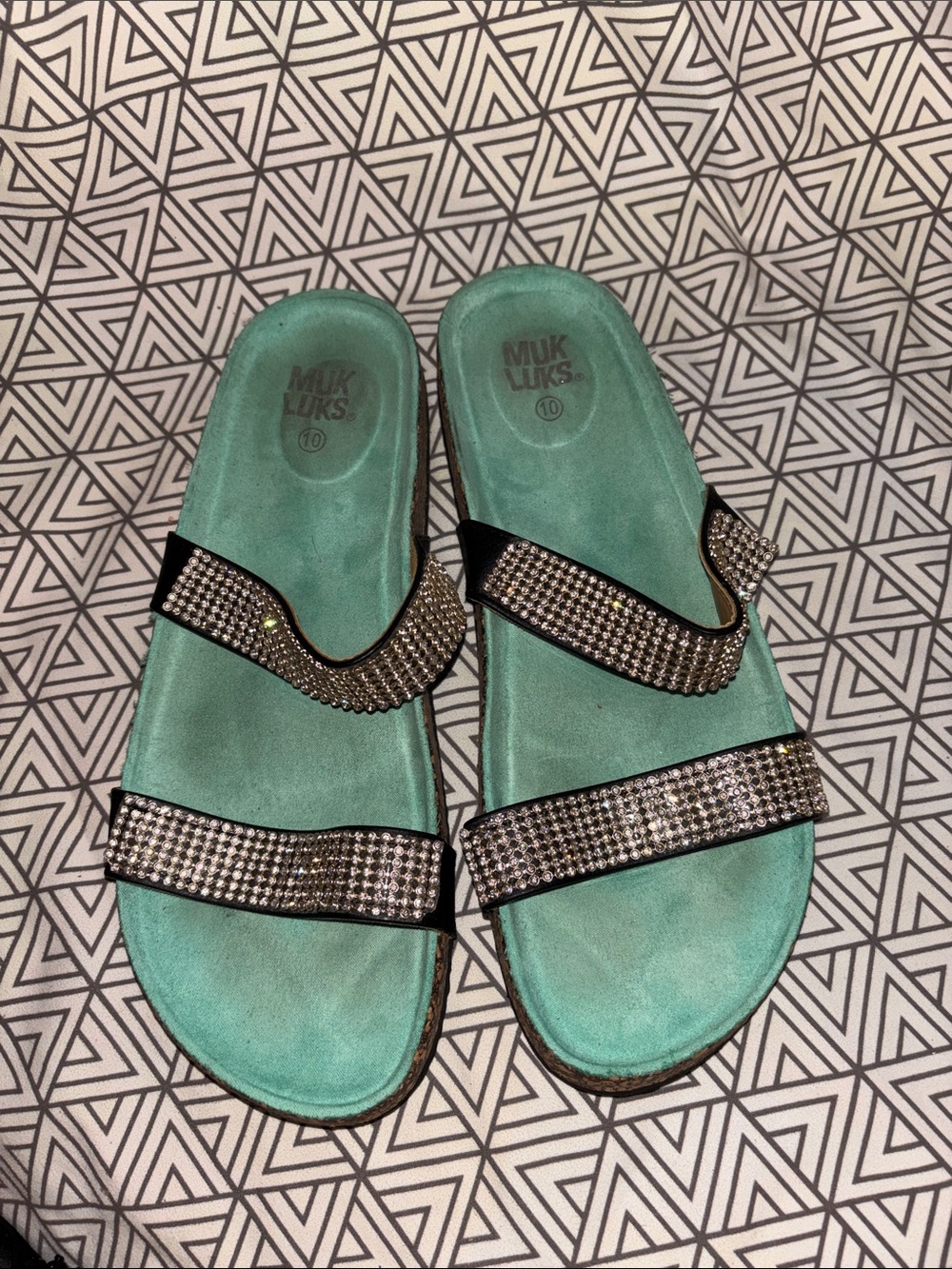 Muk Luks Teal Slide Sandals with Sparkling Black Straps